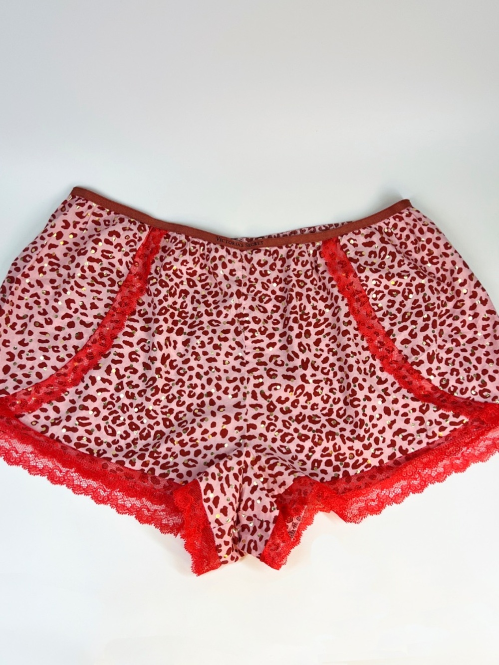 Victoria's Secret Red Leopard Print Gold Accent Red Lace Trim Sleep Shorts L